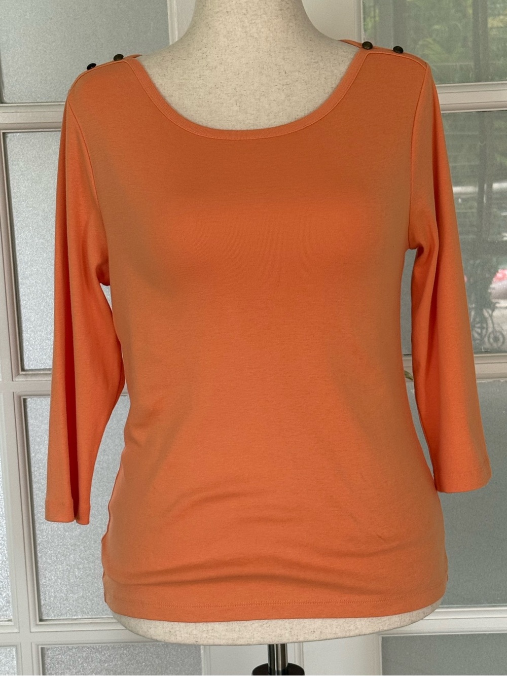 Chico’s Size 1 (M) Orange Cotton Boat Neck Top 3/4 Sleeve Button Shoulder
